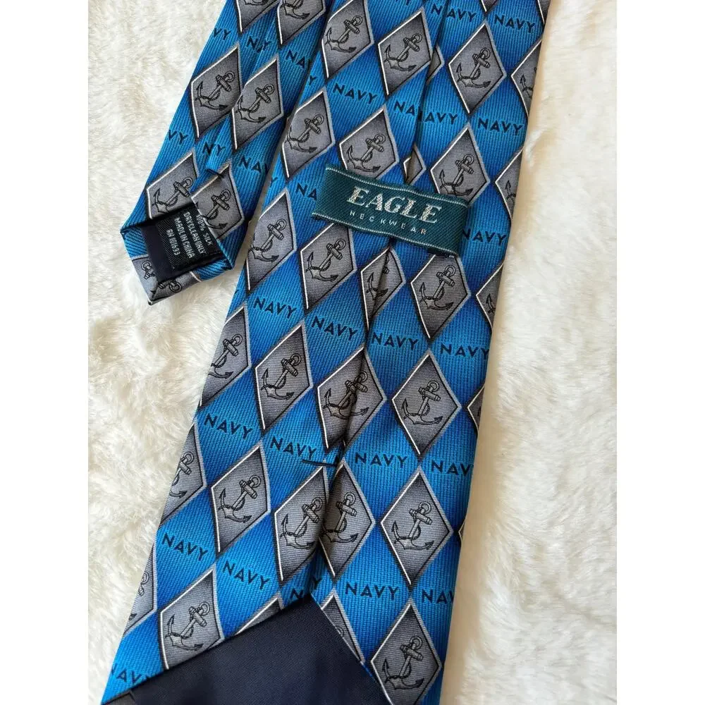 Eagle Navy Mens Tie Black Blue Argyle Diamond US Military Necktie‎ Veteran Silk